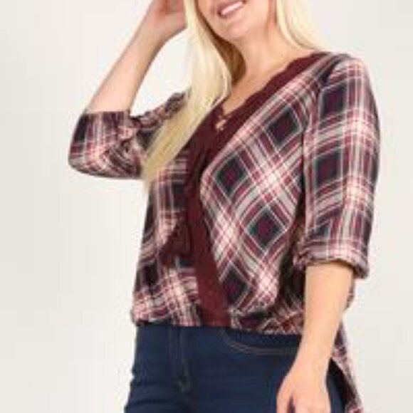 Plaid 3/4 Sleeve Top With Hi-lo Hem, V-neckline, And Relaxed Fit - Picture 2 of 5